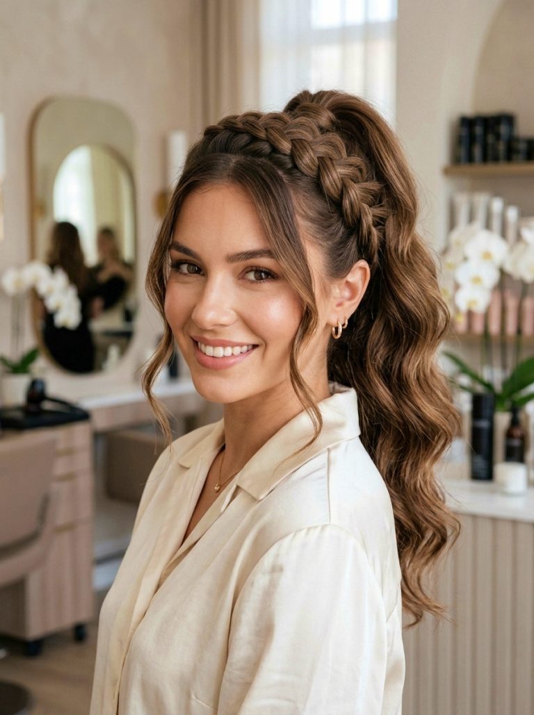 Ponytail with Braided Details and Dutch Crown Braid