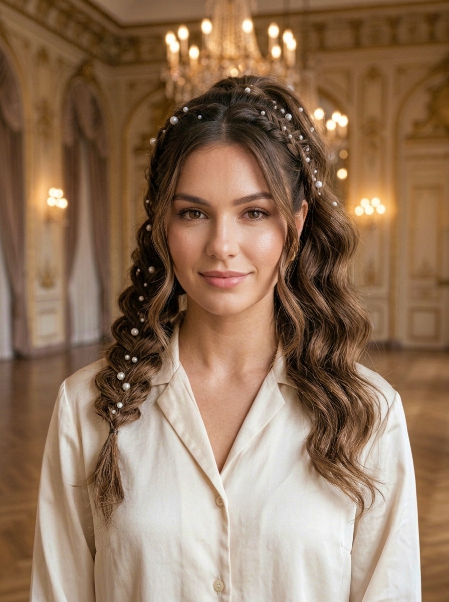 Ponytail with Braided Details and Pearl Accessories