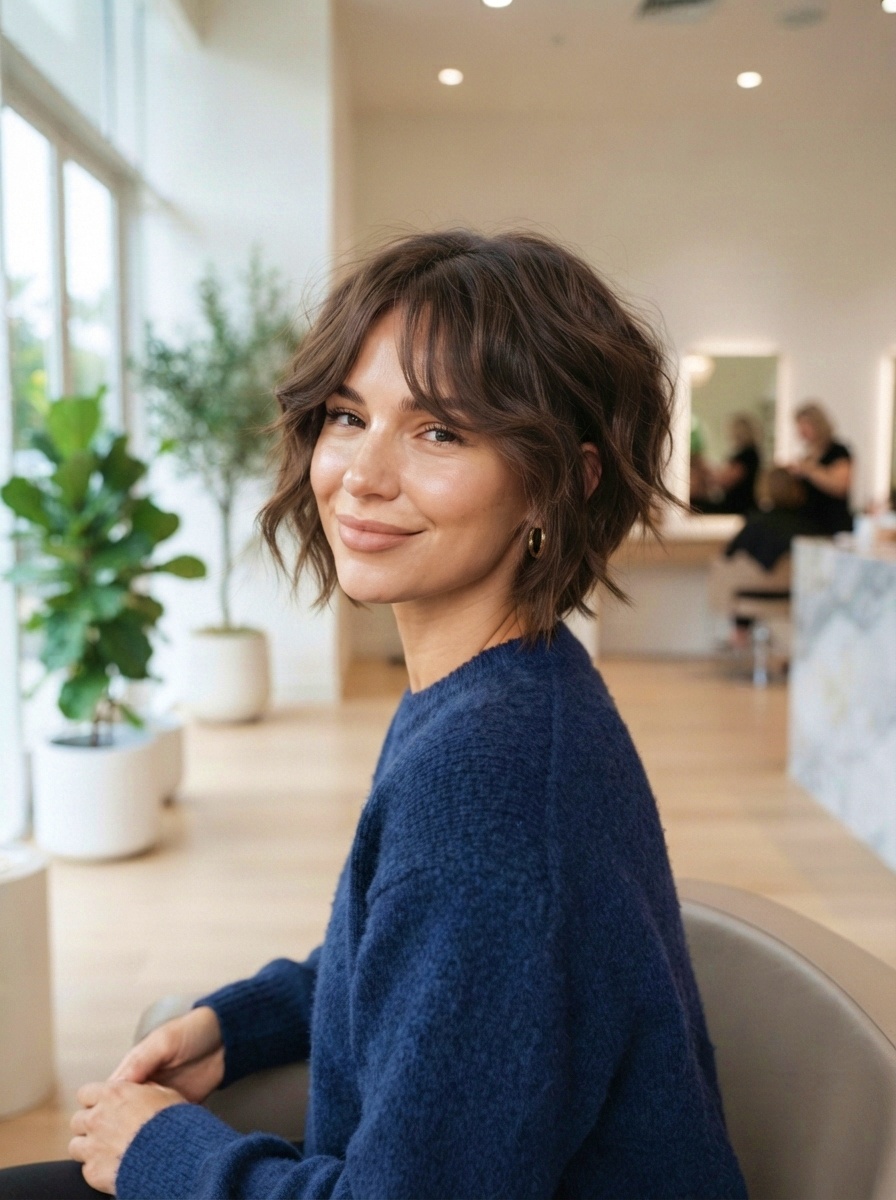 Short Hairstyle with Curtain Bangs and Soft Curls