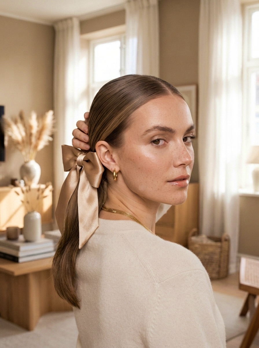Vanilla Girl Sleek Hairstyle with Satin Bow