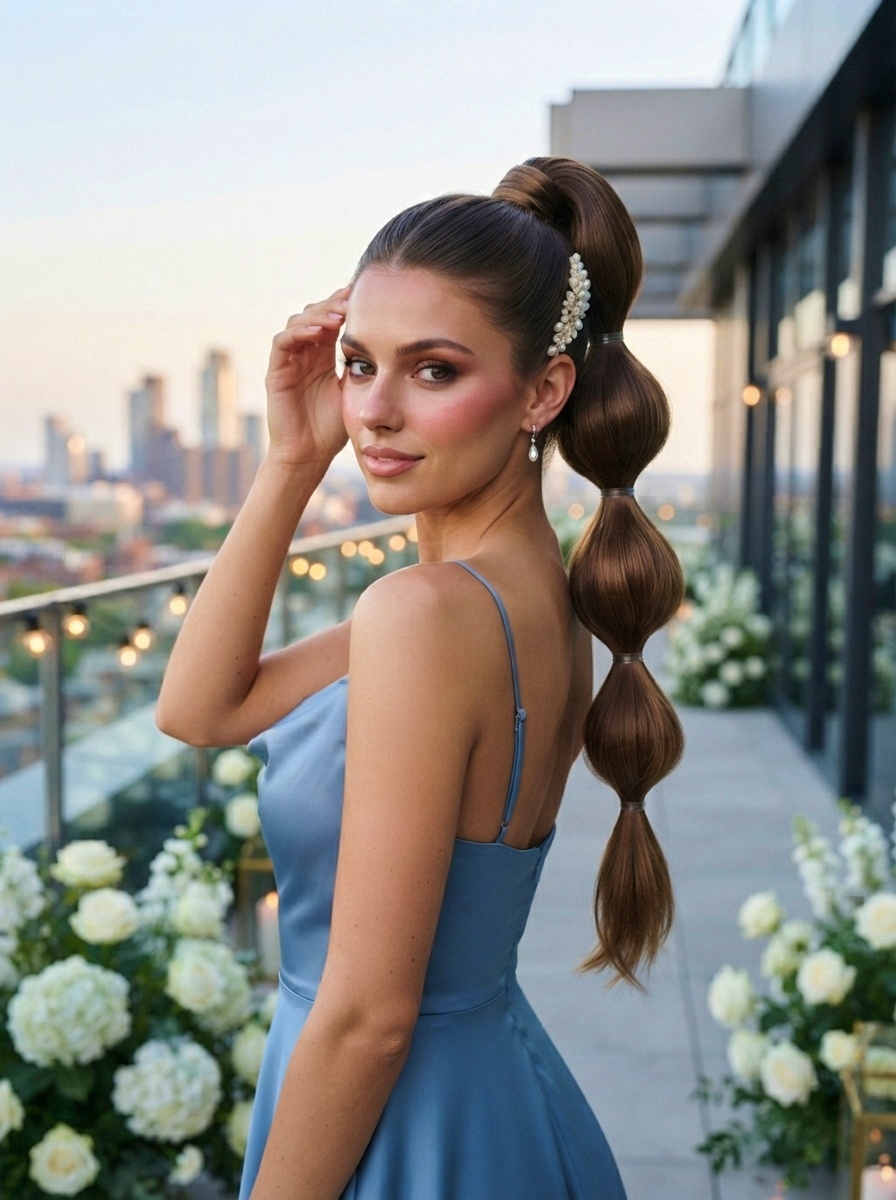 Wedding Guest Hairstyle for Long Hair with Bubble Ponytail