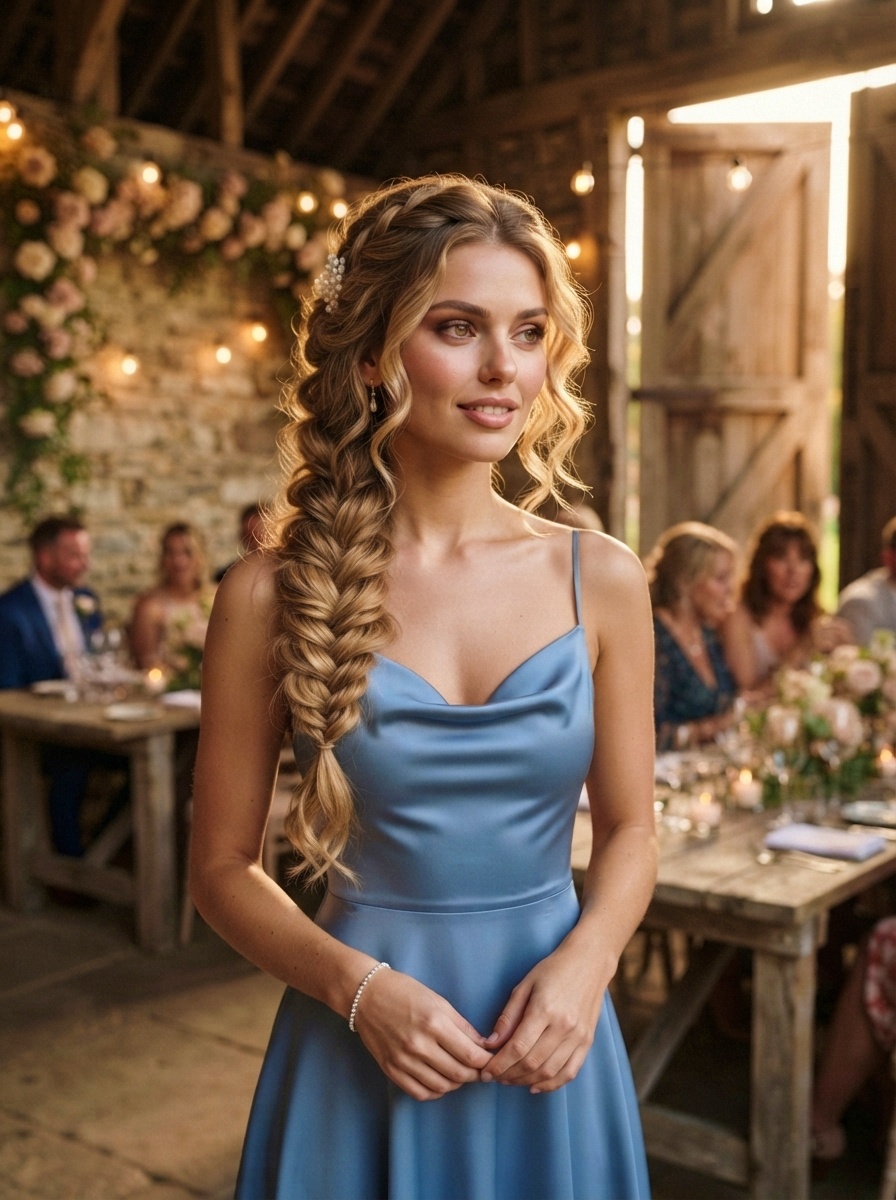Wedding Guest Hairstyle for Long Hair with Fishtail Braid
