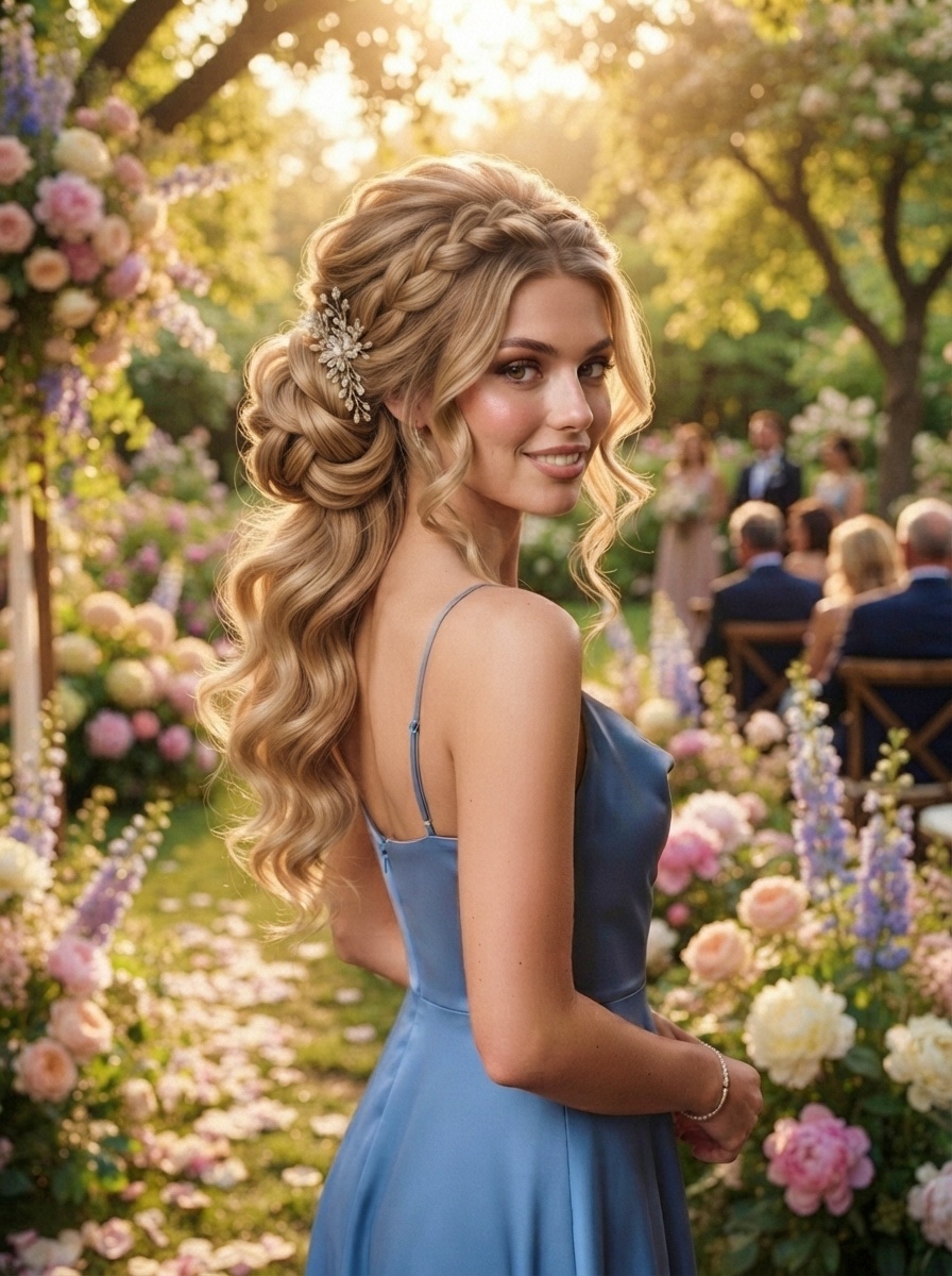 Wedding Guest Hairstyle for Long Hair with Waterfall Braid