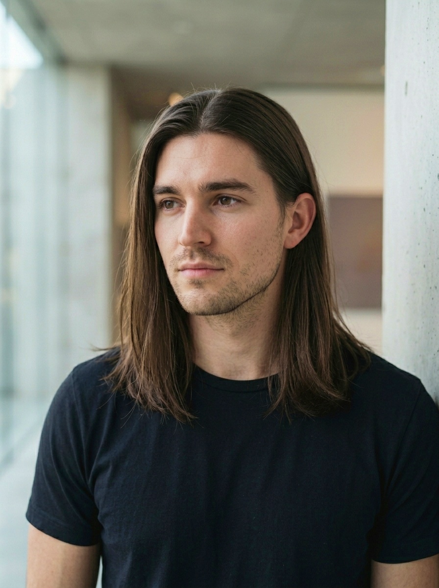 Sleek Straight Center Part Long Hair for Men
