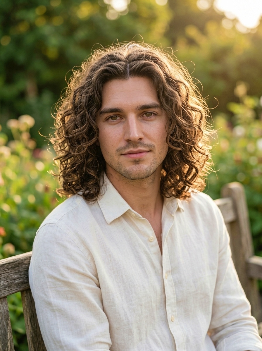 Long Curly Center Part Hairstyle for Men