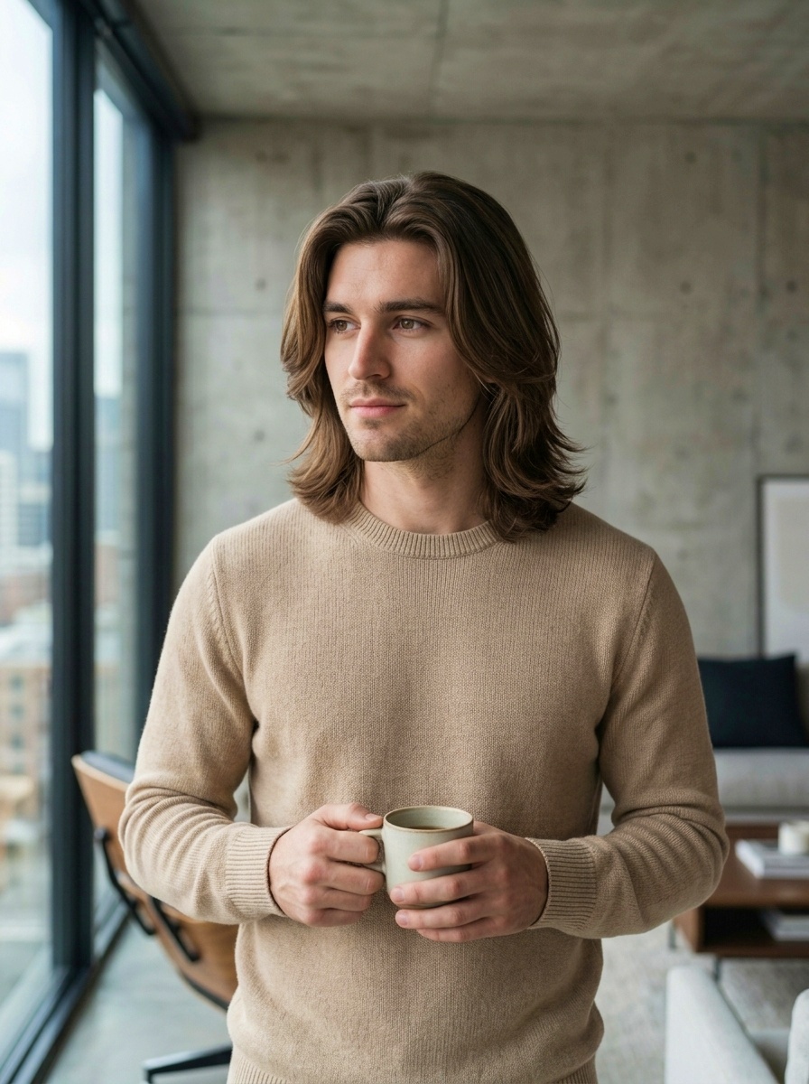 Soft Layered Center Part Long Hair for Men