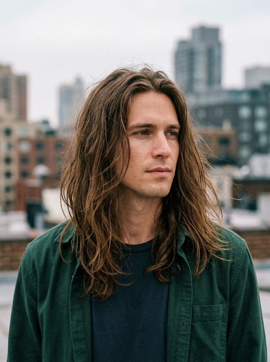 Textured Center Part Long Hairstyle for Men