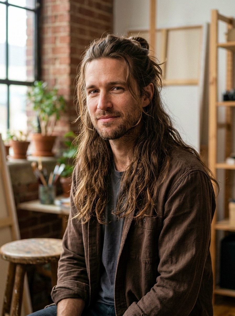 Modern Half-Up Long Hairstyle for Men