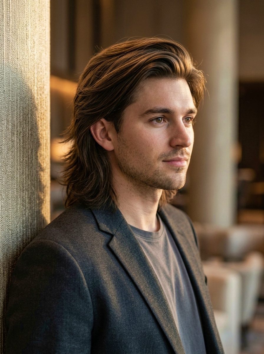 Brushed-Back Long Layered Hairstyle for Men